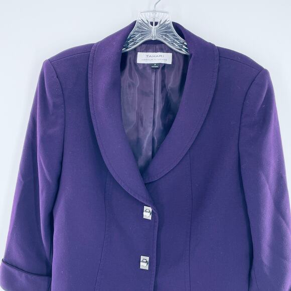TAHARI ASL Purple Shawl Collar Locket Fasteners Classic Cropped Blazer Jacket 8 - Picture 3 of 13